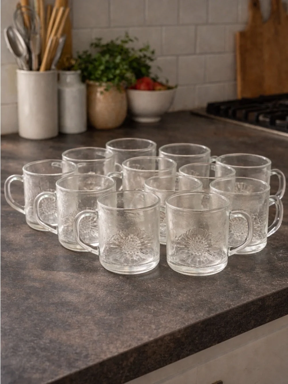 KIG Indonesia Clear Glass Hibiscus & Tropical Leaf Mugs | Vtg Press Glass Set\11